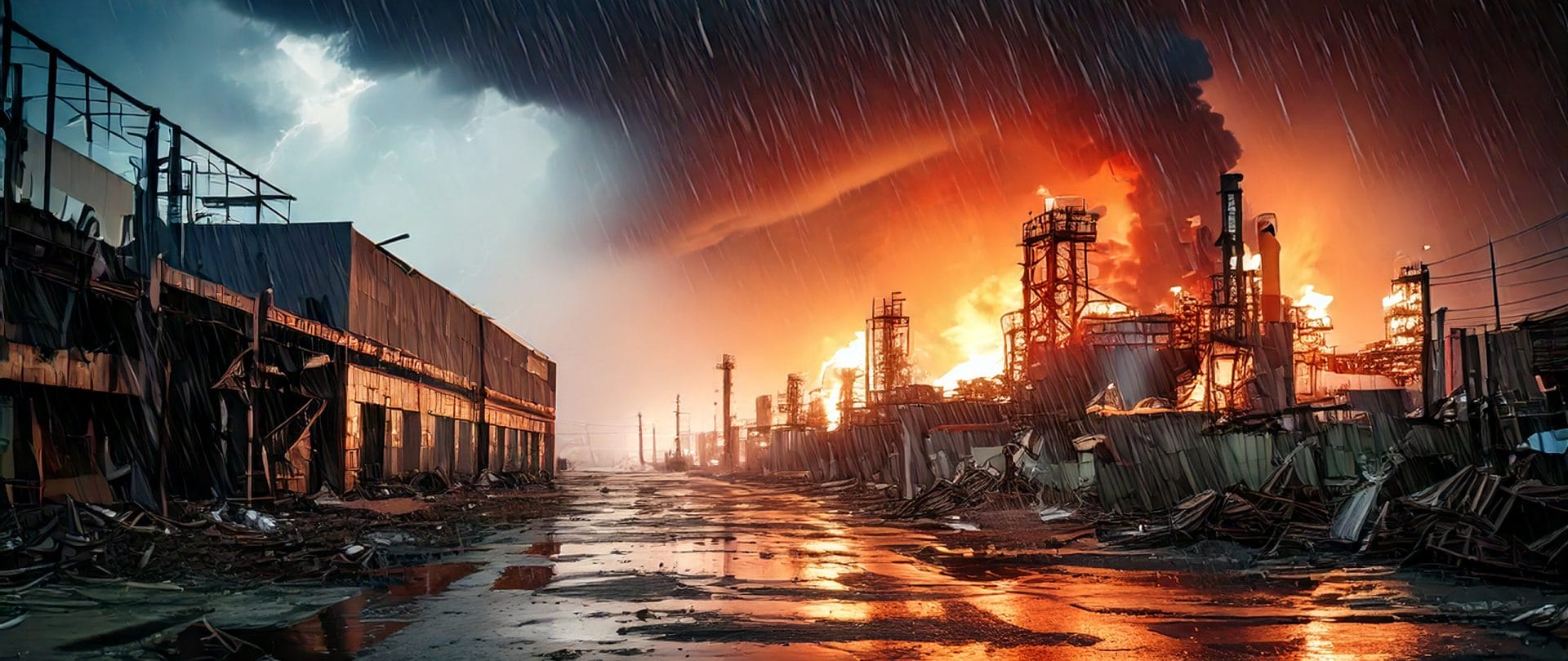 KI generiertes Bild von einem Brand in einem Industriegebiet