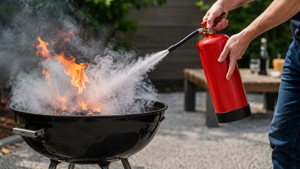 Mann der mit einem Feuerlöscher ein Feuer in einem Holzkohlegrill löscht