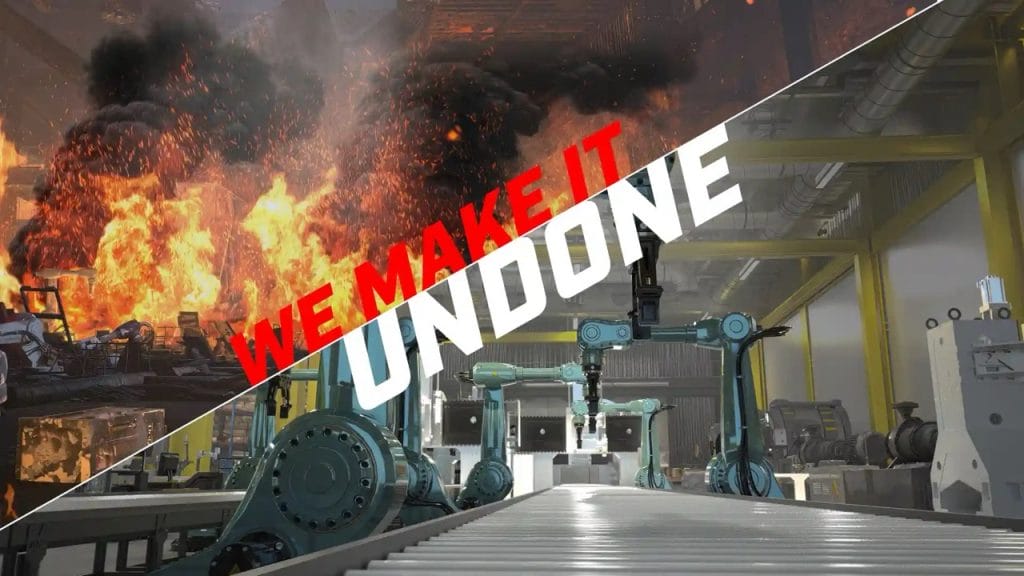 Das Vorher-Nachher-Bild von We Make It Undone zeigt die Ergebnisse eines brennenden Lagerhauses