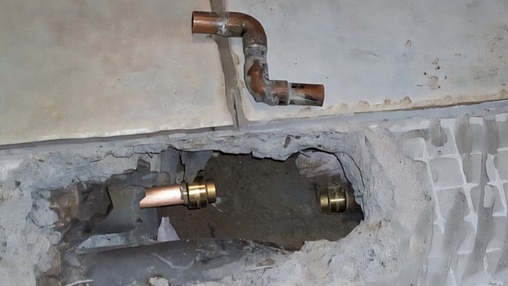 Freigelegte Leitungsstelle nach der Leckortung. Der defekte Kupferbogen wurde entfernt, die Leitung provisorisch mit Kappen verschlossen 