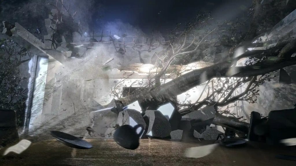 Un site en béton endommagé avec des braches tombées