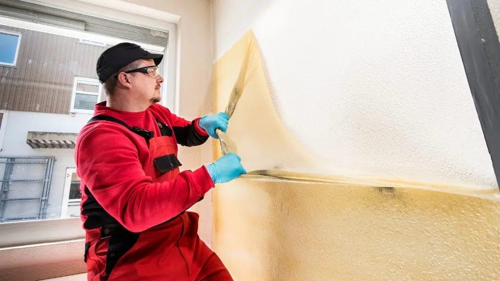 Un tecnico BELFOR che rimuove il Soot Removal Film da una superfice