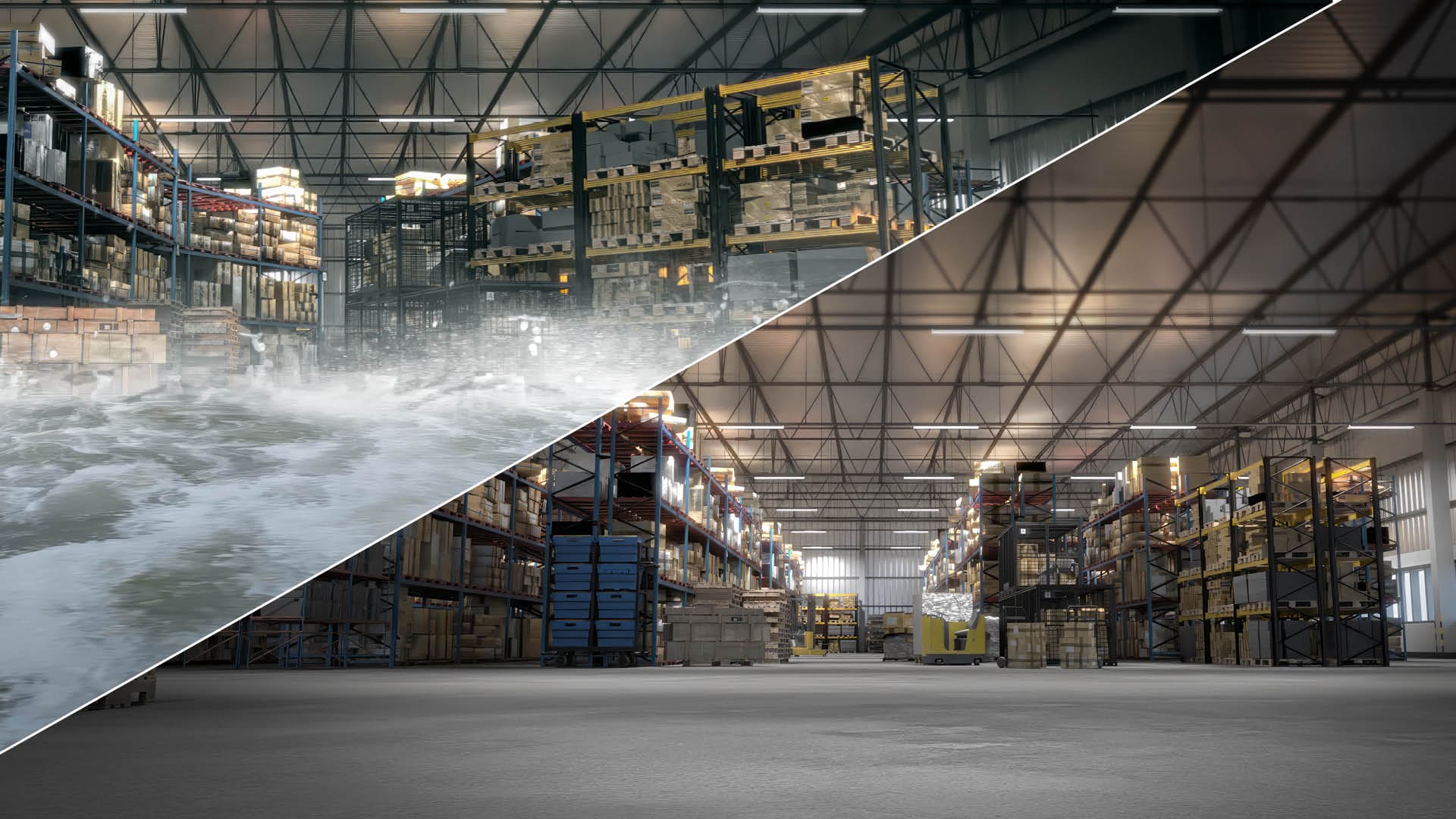 A flooded warehouse before and after