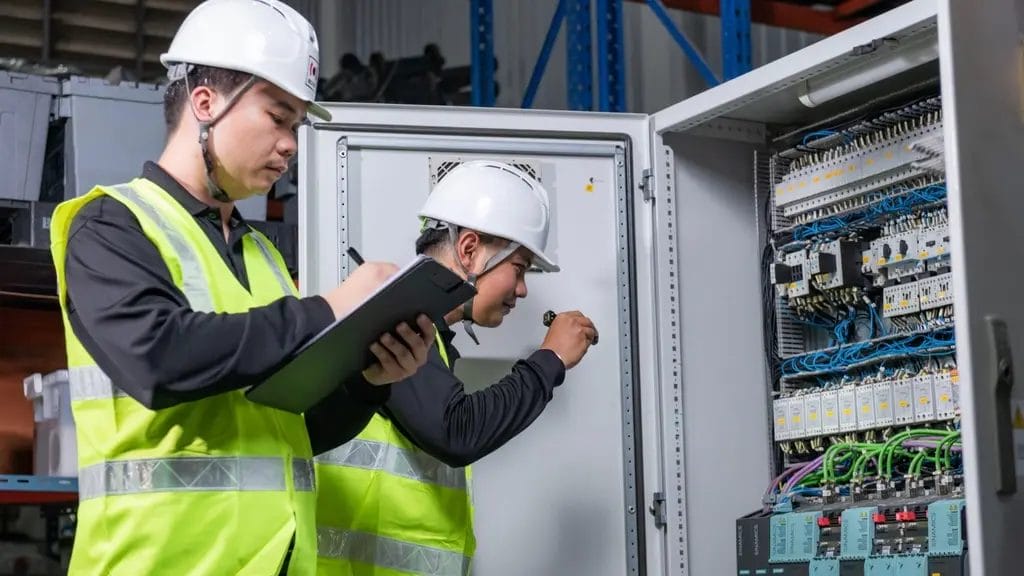 belfor-technicians-inspecting-an-electrical-panel-during-damage-assessment
