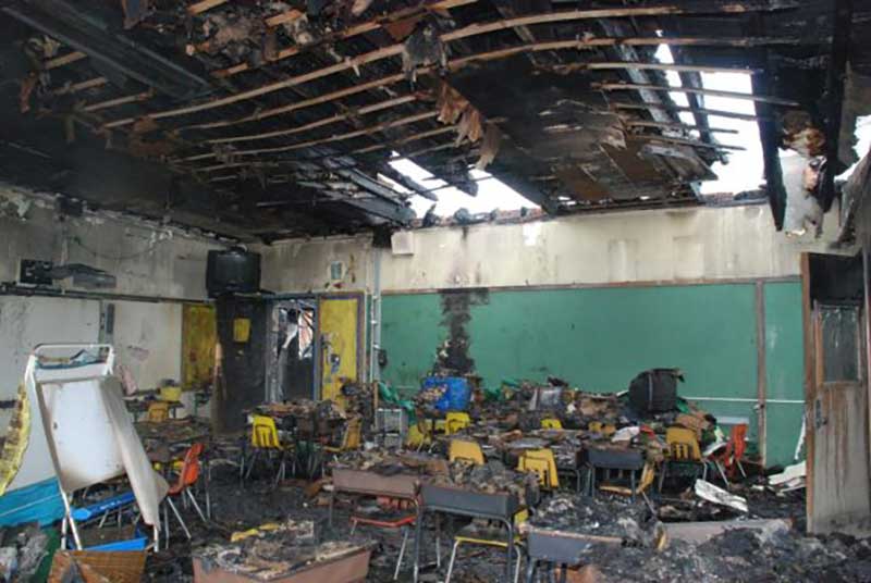 Fire damage in classroom