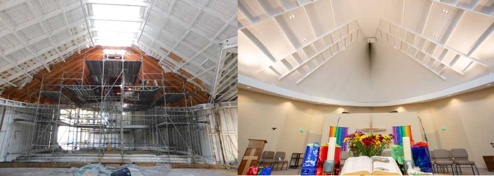 Interior fire damage at First Congregational United Church of Christ before and after restoration