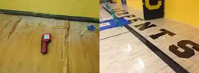 Gymnasium floor water damage before and after restoration