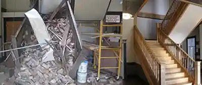 Stairway collapse before and after restoration