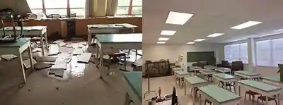 School water damage before and after restoration