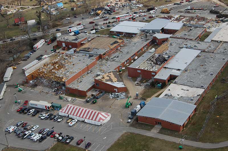 Aerial view of tornado damage to Henryville school building