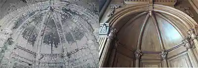 Smoke and soot church ceiling damage before and after restoration