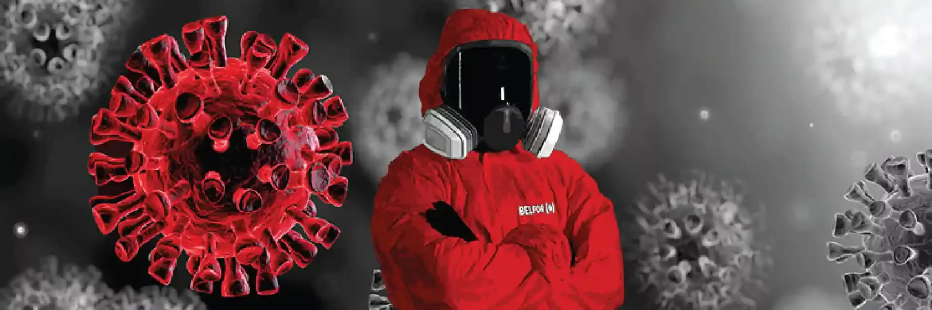 BELFOR biohazard technician in red protective gear