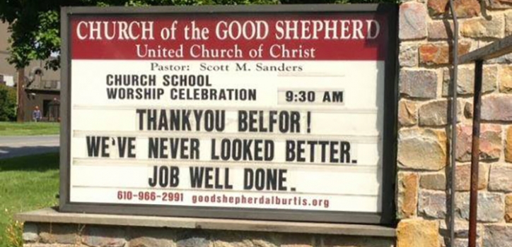Thank you sign to BELFOR for helping with church restoration
