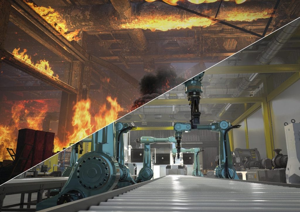 Specialist investigating industrial fire damage for post-fire restoration.