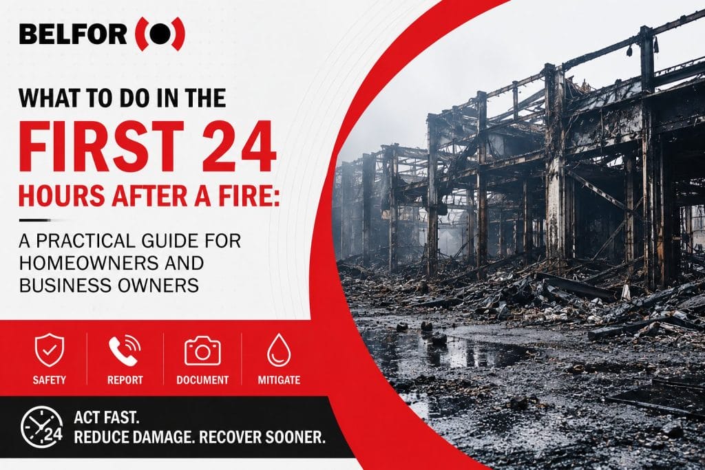 BELFOR infographic showing the first 24-hour fire recovery steps, with a fire-damaged industrial building and key actions: Safety, Report, Document, and Mitigate.