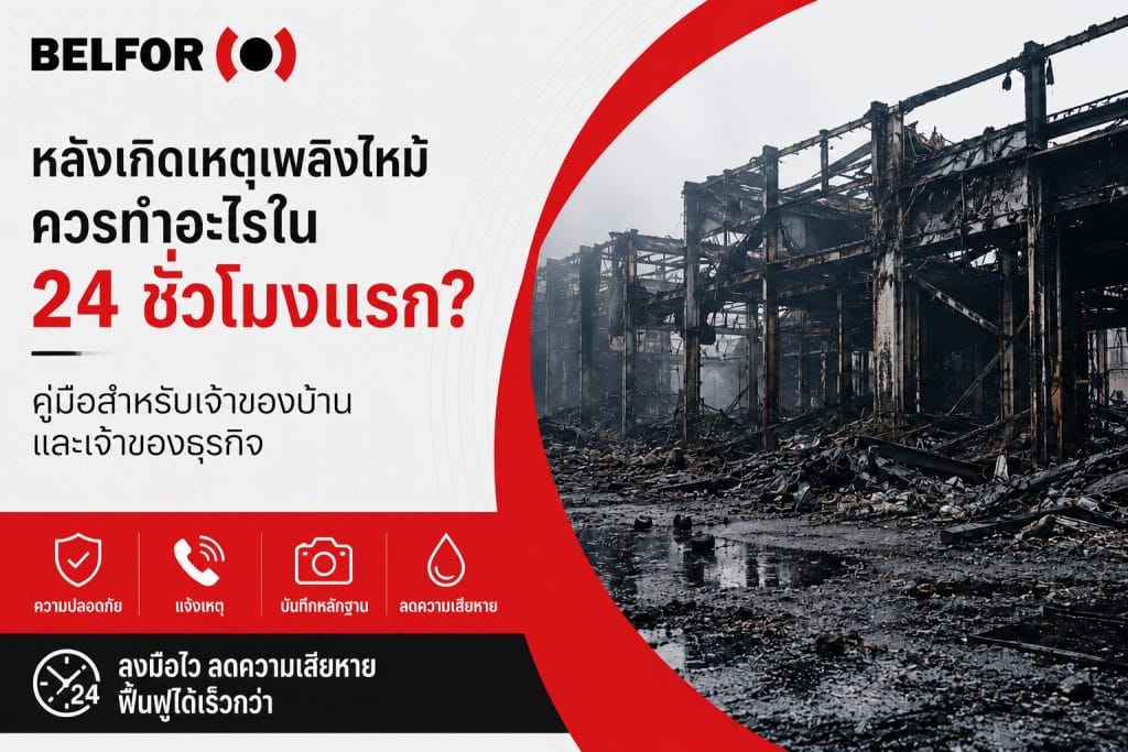 BELFOR infographic showing the first 24-hour fire recovery steps, with a fire-damaged industrial building and key actions: Safety, Report, Document, and Mitigate.