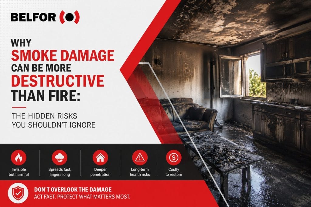 BELFOR infographic highlighting the hidden risks of smoke damage, featuring a smoke-damaged home interior and key impacts such as health risks, deep penetration, and costly restoration.