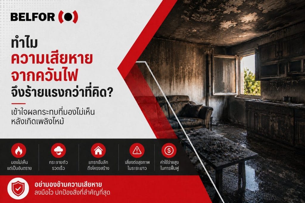 BELFOR infographic highlighting the hidden risks of smoke damage, featuring a smoke-damaged home interior and key impacts such as health risks, deep penetration, and costly restoration.