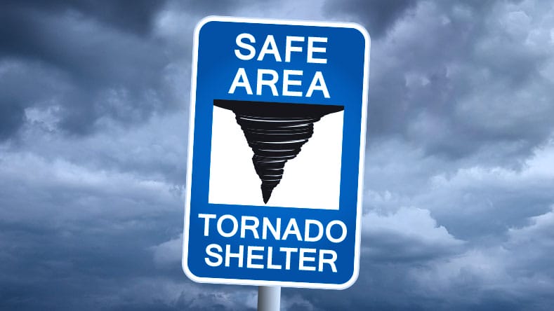 Sign showing a Tornado Shelter Safe Area