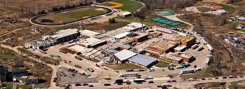 Arial shot showing BELFOR performing clean up and restoration efforts after a tornado
